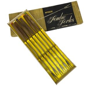 Vintage Fondue Forks Set of 6 Steel & Wood 10" Made in Japan MCM Color Coded